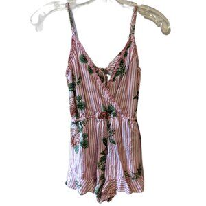 Vintage Y2K Angie Floral Striped Romper Ruffle Hem Boho Beach Festival Cute Sz S